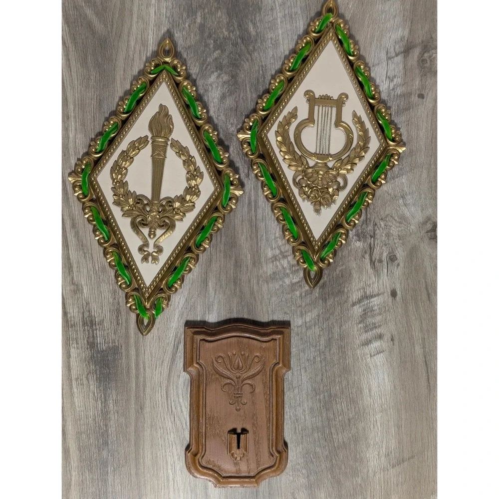 Vintage Homco 1971‎ Gold Green Velvet Lyre Torch Wall Plaques Bracket Set of 3